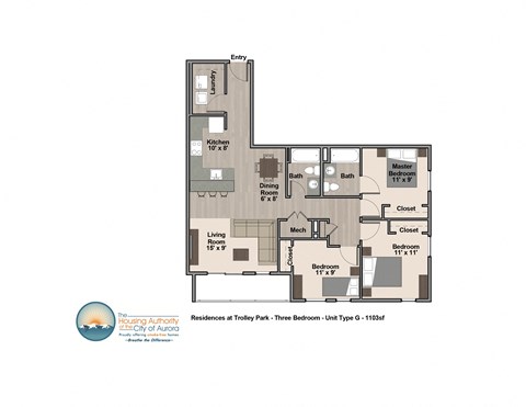 Floor plan for 3 beds, 2 baths, 1103 sqft